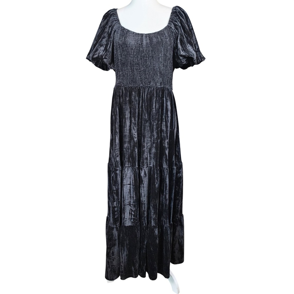 Baltic Born Crushed Velvet Maxi Dress Womens XL Black Tiered Whimsygoth Party